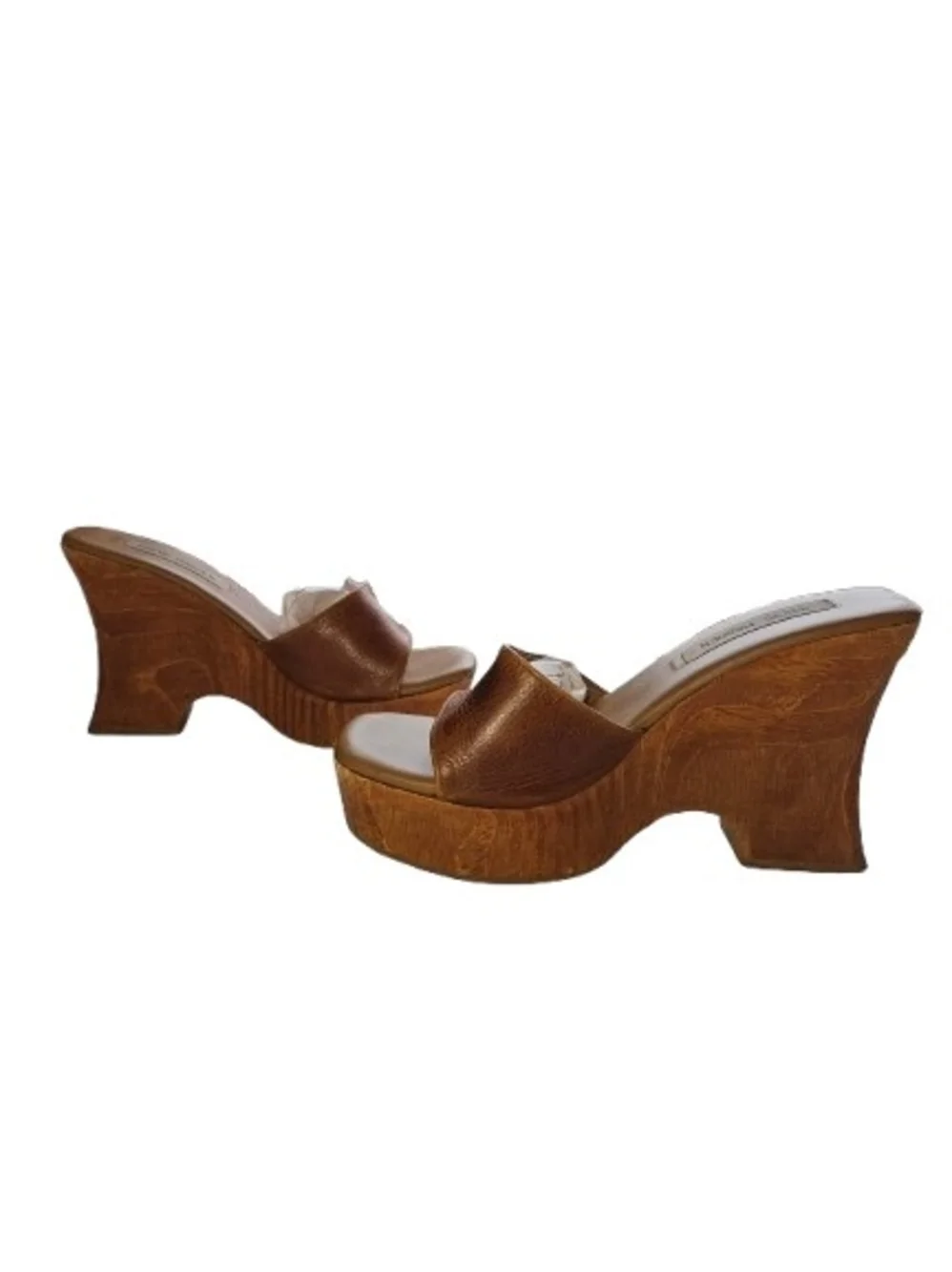 Vintage Steve Madden Brown Leather Wooden Platform Wedge Sandals 7.5